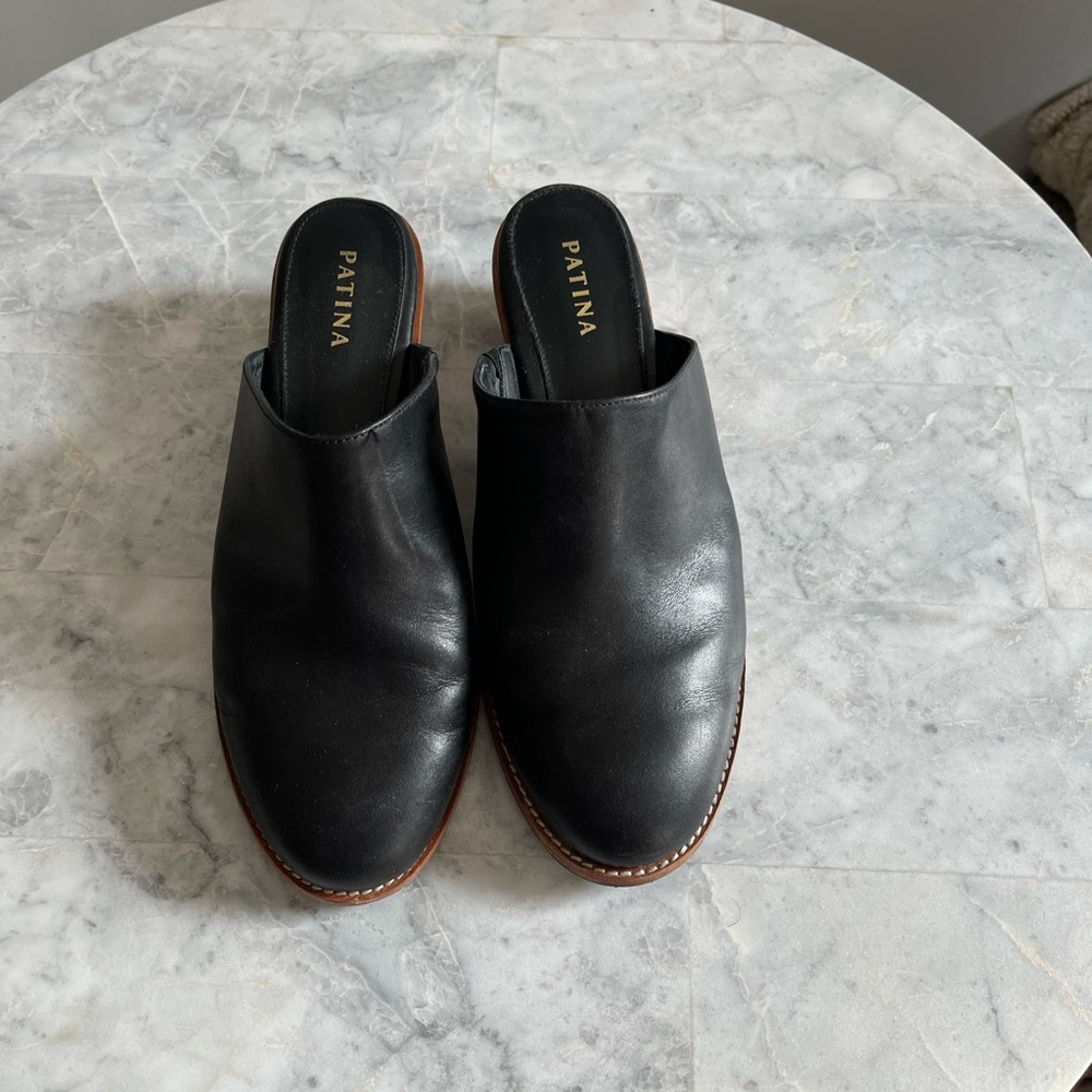 Patina Black Leather Mules